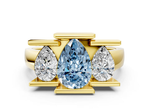 Yellow gold Three Stone Fancy Blue Pear Cut Cut Channel Set Diamond Ring
