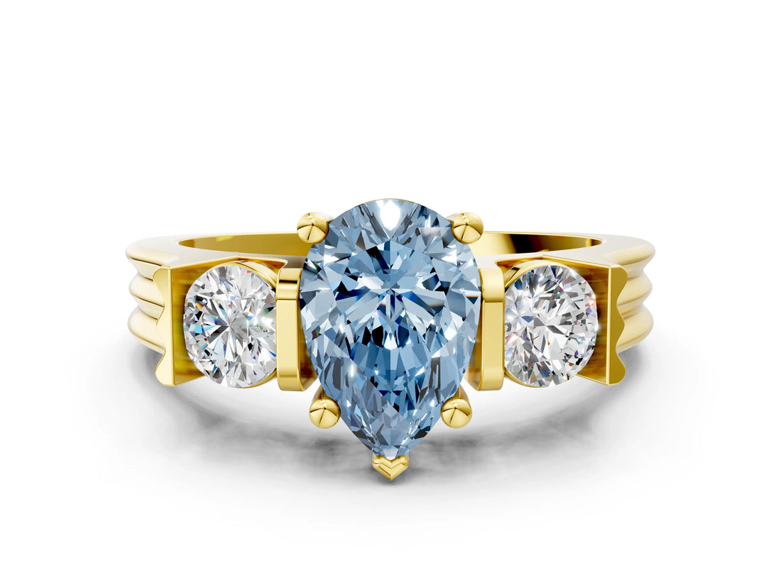 Yellow gold Three-Stone Fancy Blue Pear Cut Cut Classic Band Prong Setting Ring
