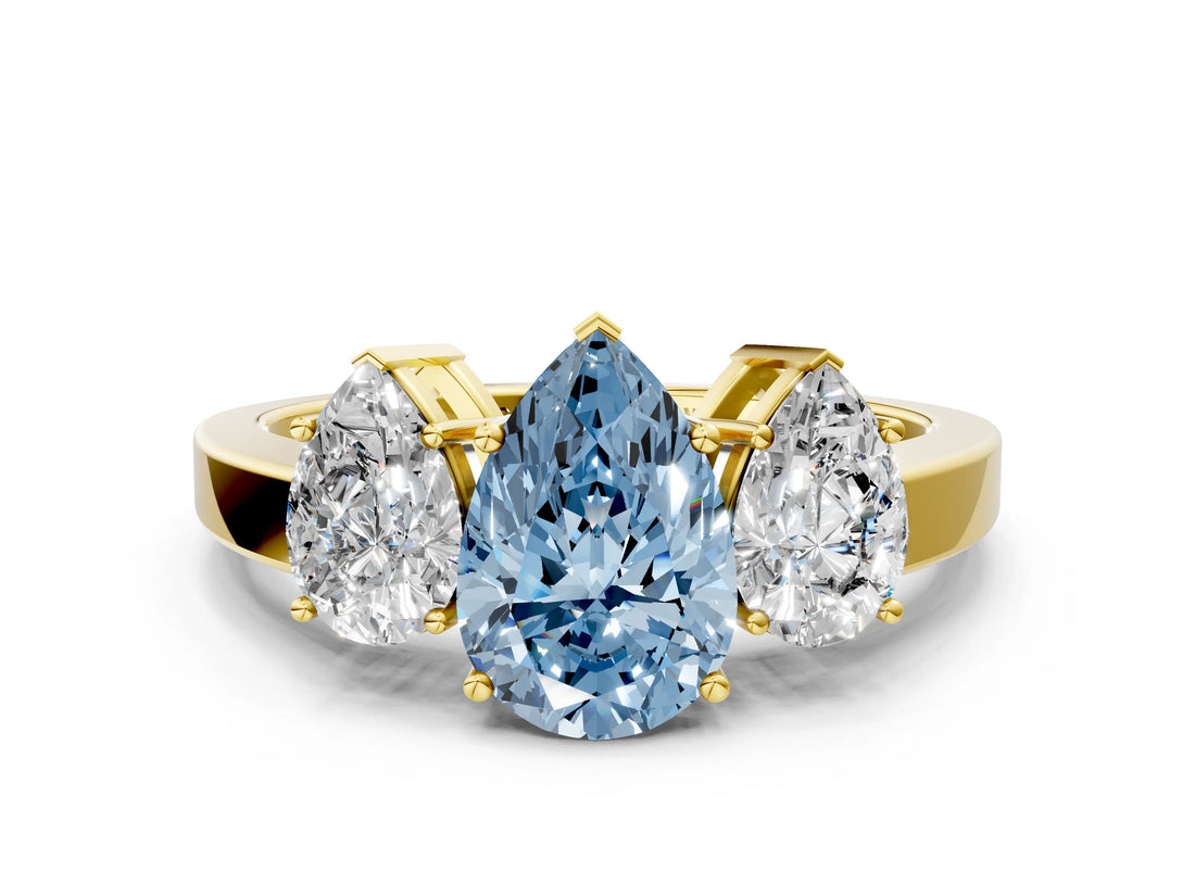 Yellow gold Three-Stone Fancy Blue Pear Cut Cut Diamond Engagement Ring with Flat Band and Four-Prong Setting_12