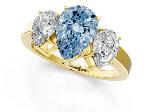 Yellow gold Three-Stone Fancy Blue Pear Cut Cut Diamond Engagement Ring with Flat Band and Four-Prong Setting_13