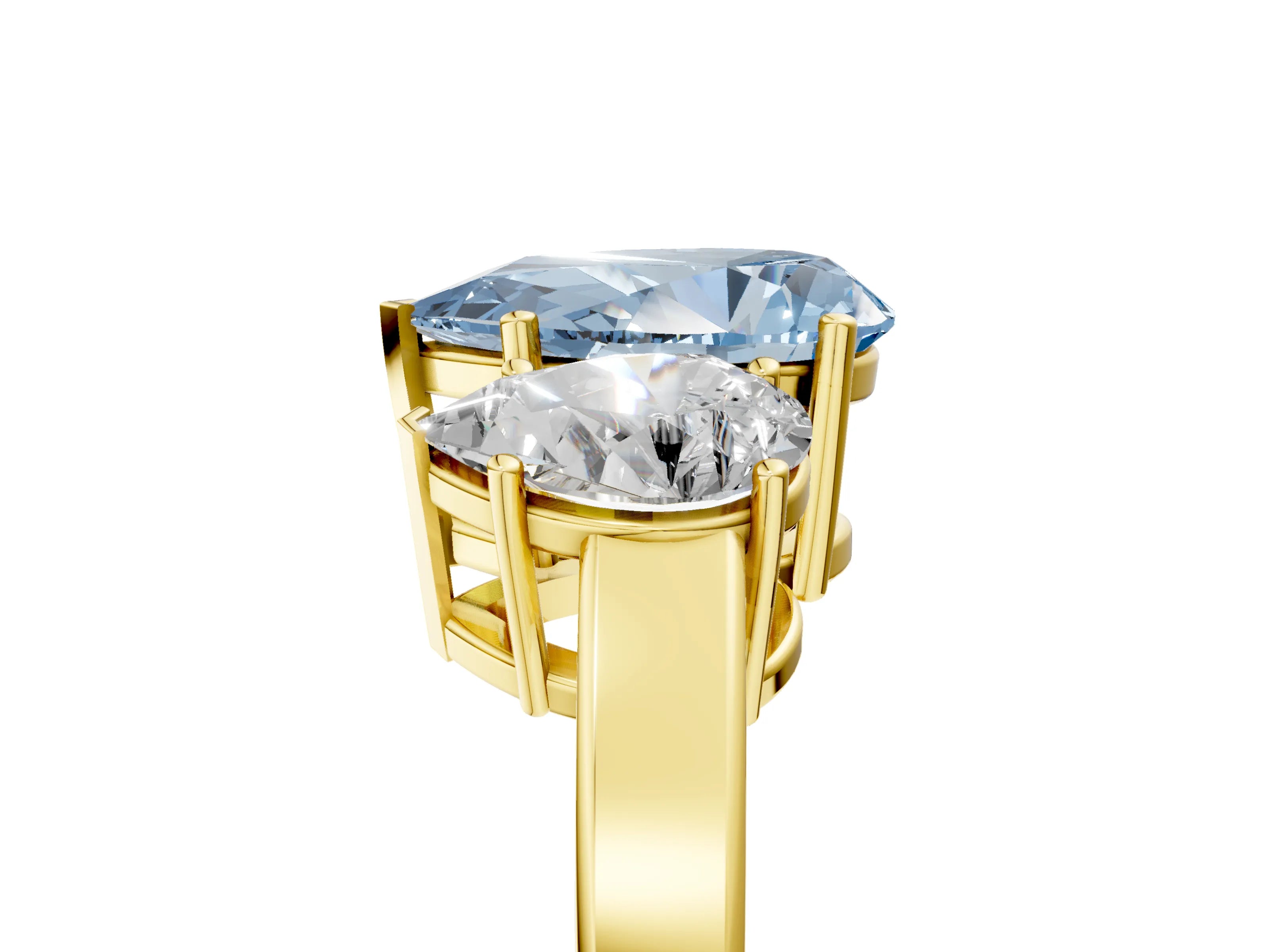 Yellow gold Three-Stone Fancy Blue Pear Cut Cut Diamond Engagement Ring with Flat Band and Four-Prong Setting_17