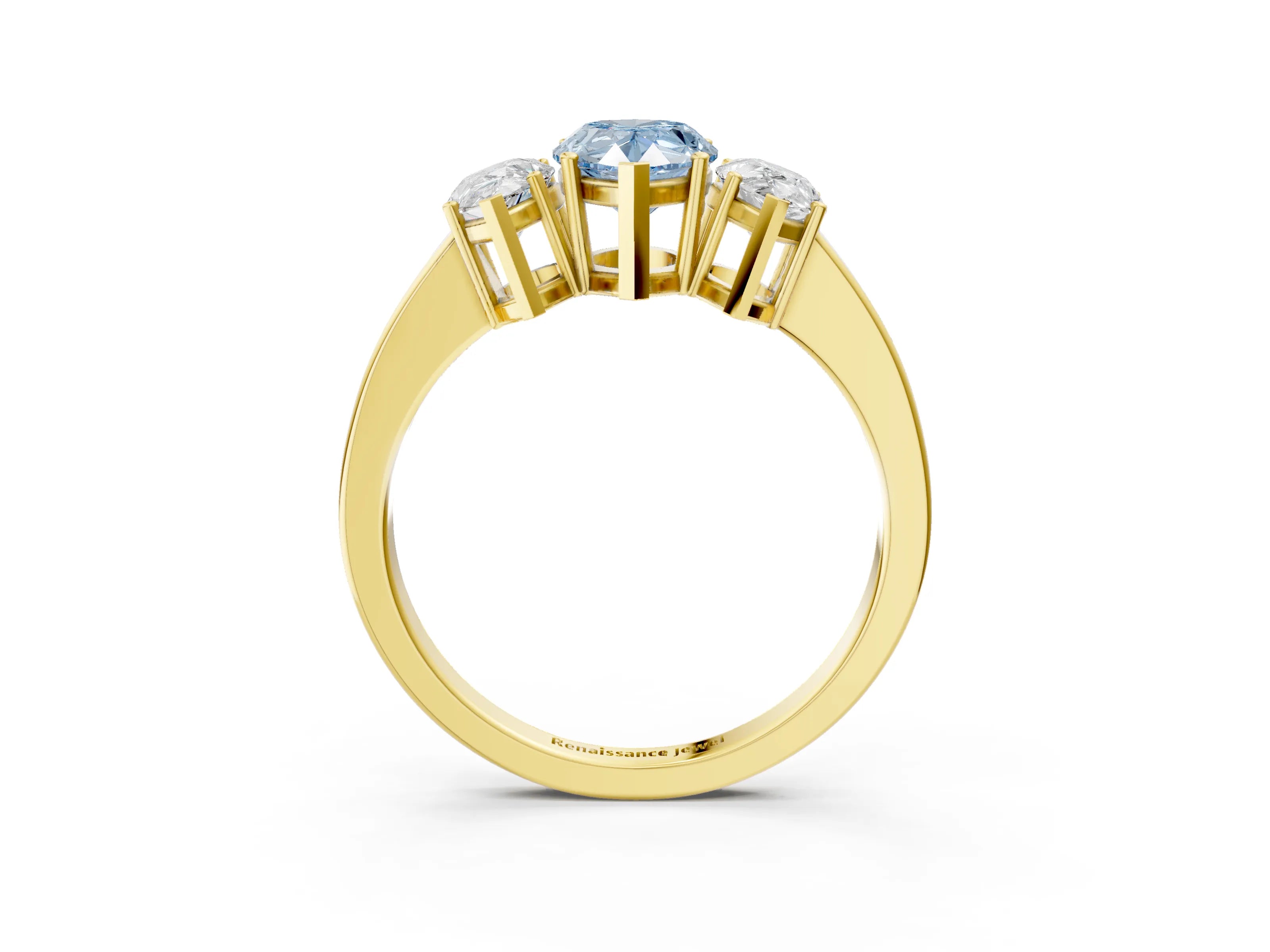 Yellow gold Three-Stone Fancy Blue Pear Cut Cut Diamond Engagement Ring with Flat Band and Four-Prong Setting_3