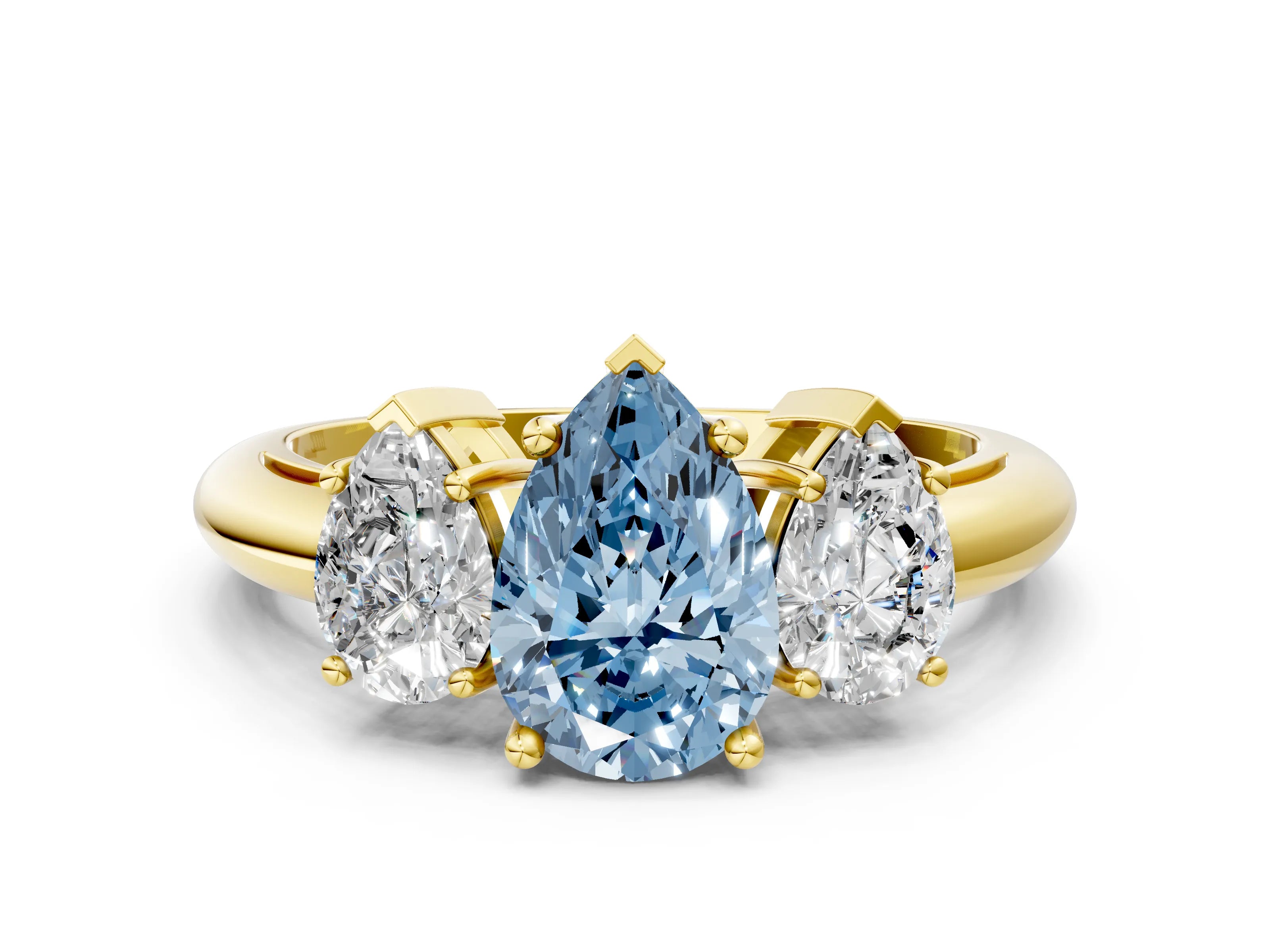 Yellow gold Three-Stone Fancy Blue Pear Cut Cut Diamond Engagement Ring with Prong Setting on a White Gold Band