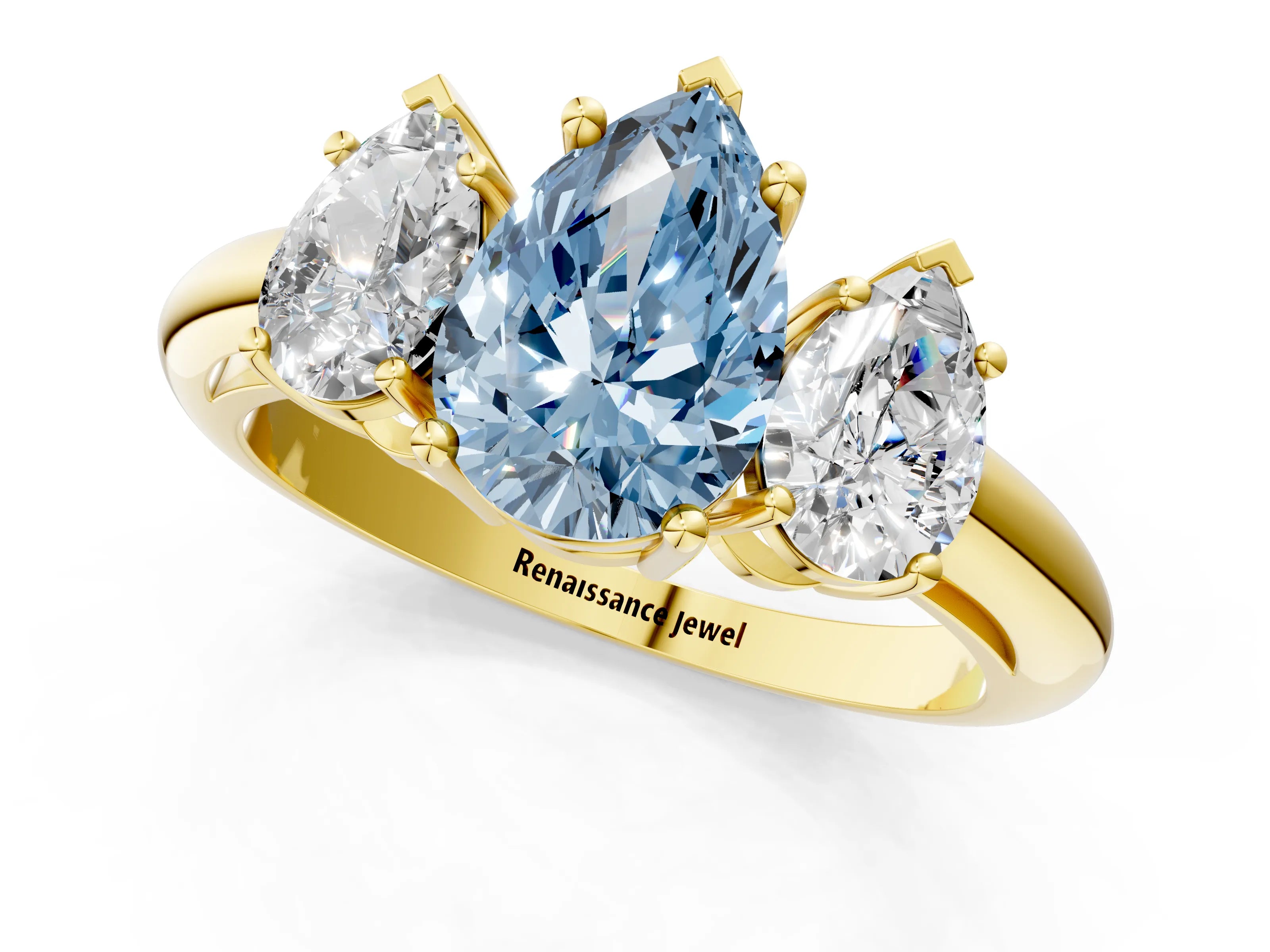 Yellow gold Three-Stone Fancy Blue Pear Cut Cut Diamond Engagement Ring with Prong Setting on a White Gold Band_1