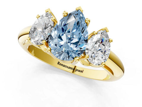 Yellow gold Three-Stone Fancy Blue Pear Cut Cut Diamond Engagement Ring with Prong Setting on a White Gold Band_1