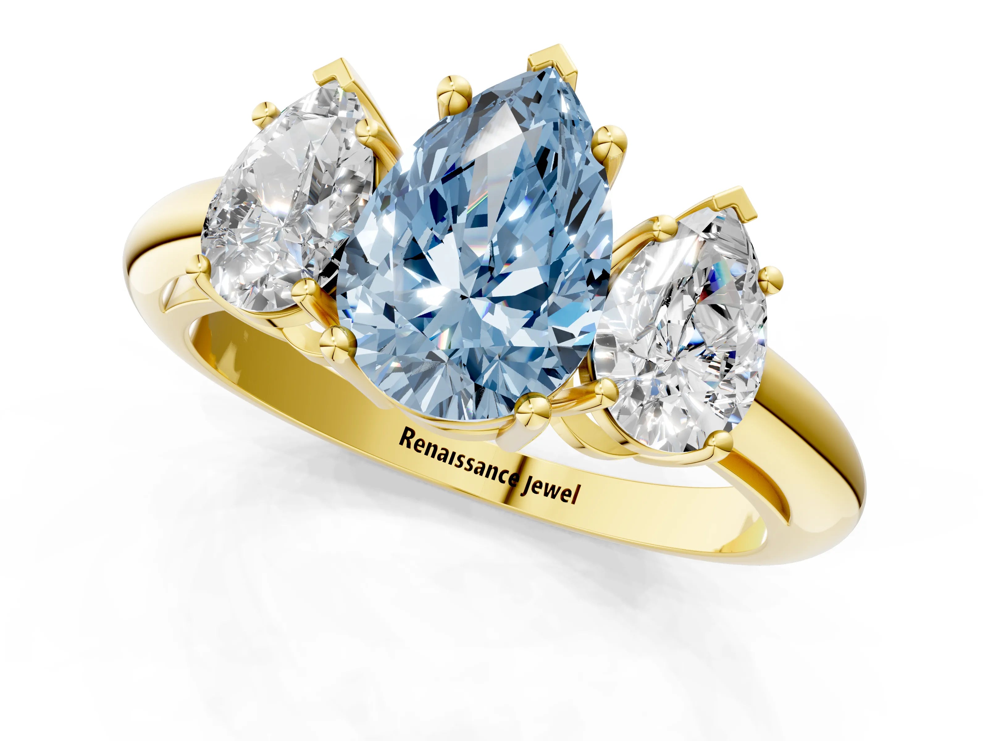 Yellow gold Three-Stone Fancy Blue Pear Cut Cut Diamond Engagement Ring with Prong Setting on a White Gold Band_37