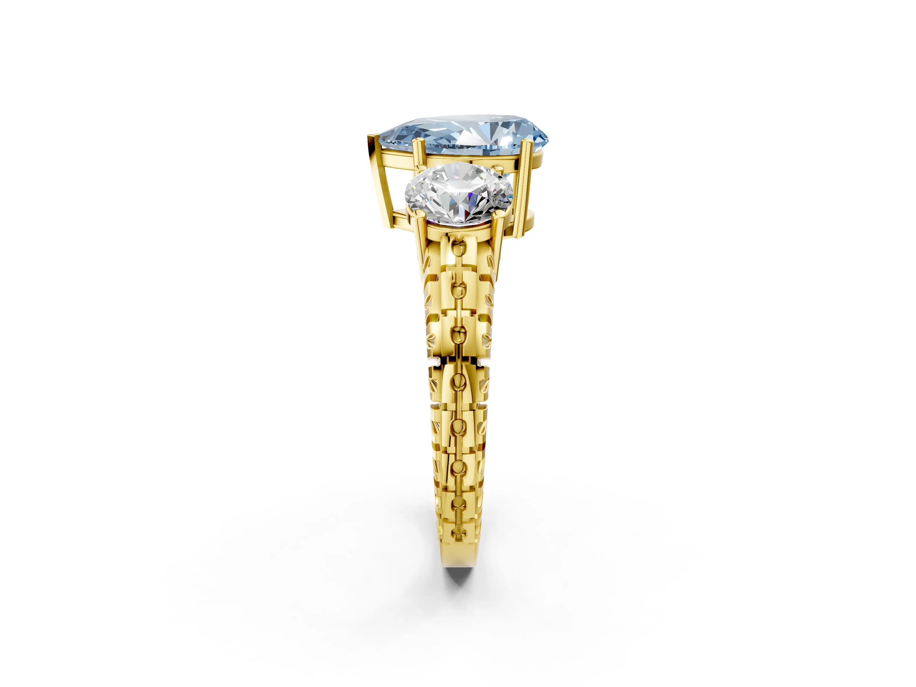 Yellow gold Three-Stone Fancy Blue Pear Cut Cut Diamond Ring with Channel-Set Band and Prong Setting_2