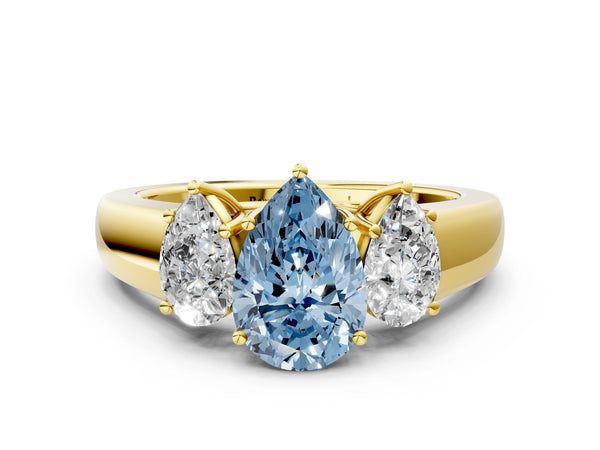 Yellow gold Three-Stone Fancy Blue Pear Cut Cut Diamond Ring with Prong Setting and Classic Band