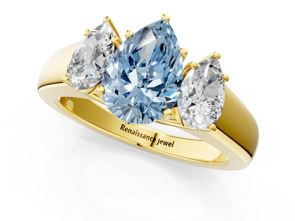 Yellow gold Three-Stone Fancy Blue Pear Cut Cut Diamond Ring with Prong Setting and Classic Band