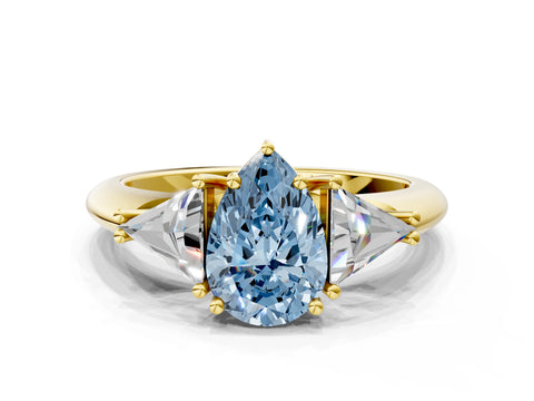 Yellow gold Three-Stone Fancy Blue Pear Cut Cut Diamond Ring with Trillion Side Stones and Four-Prong Setting_3