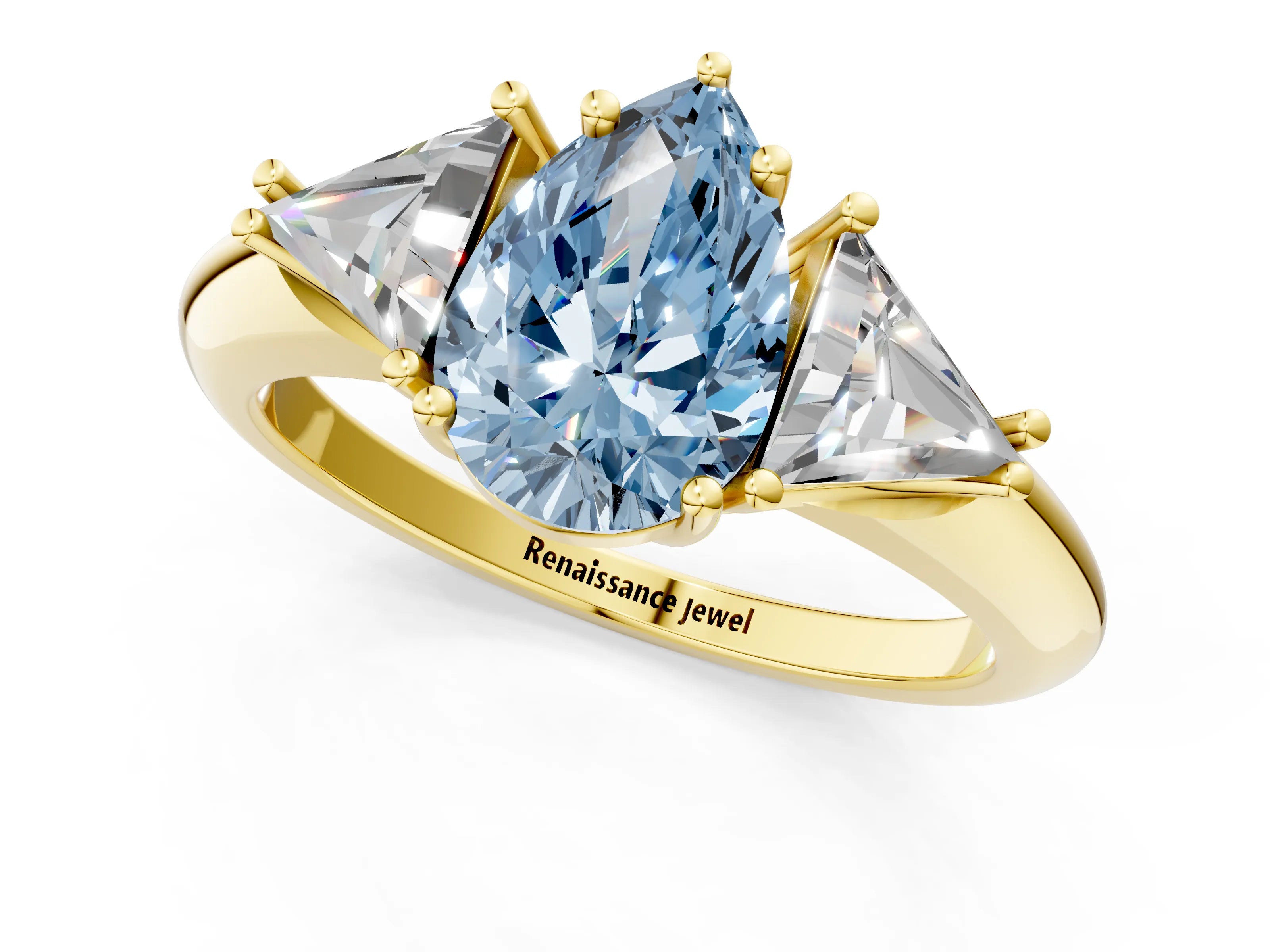 Yellow gold Three-Stone Fancy Blue Pear Cut Cut Diamond Ring with Trillion Side Stones and Four-Prong Setting_4
