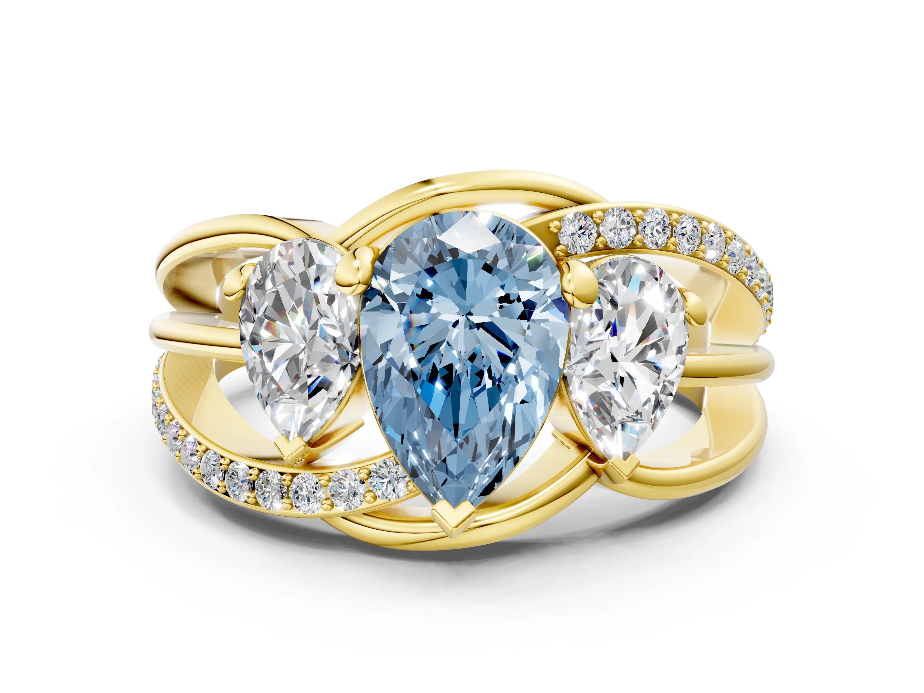 Yellow gold Three-Stone Fancy Blue Pear Cut Cut Diamond Split Shank Prong Set Ring