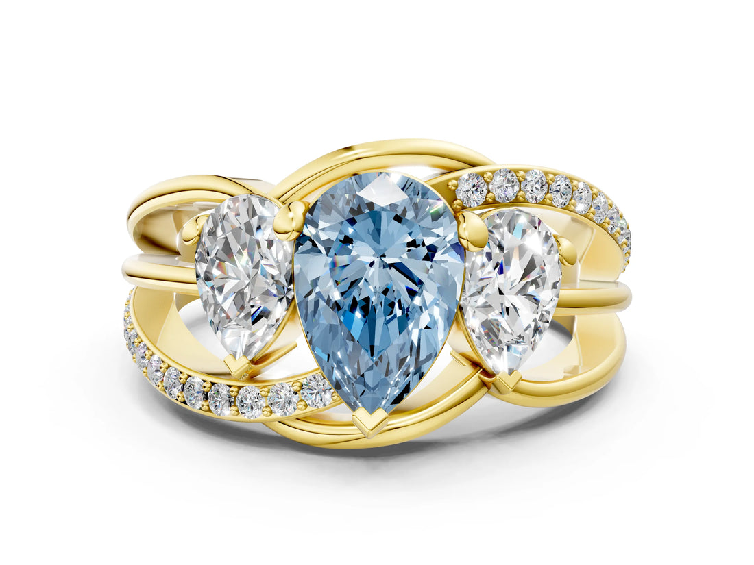 Yellow gold Three-Stone Fancy Blue Pear Cut Cut Diamond Split Shank Prong Set Ring