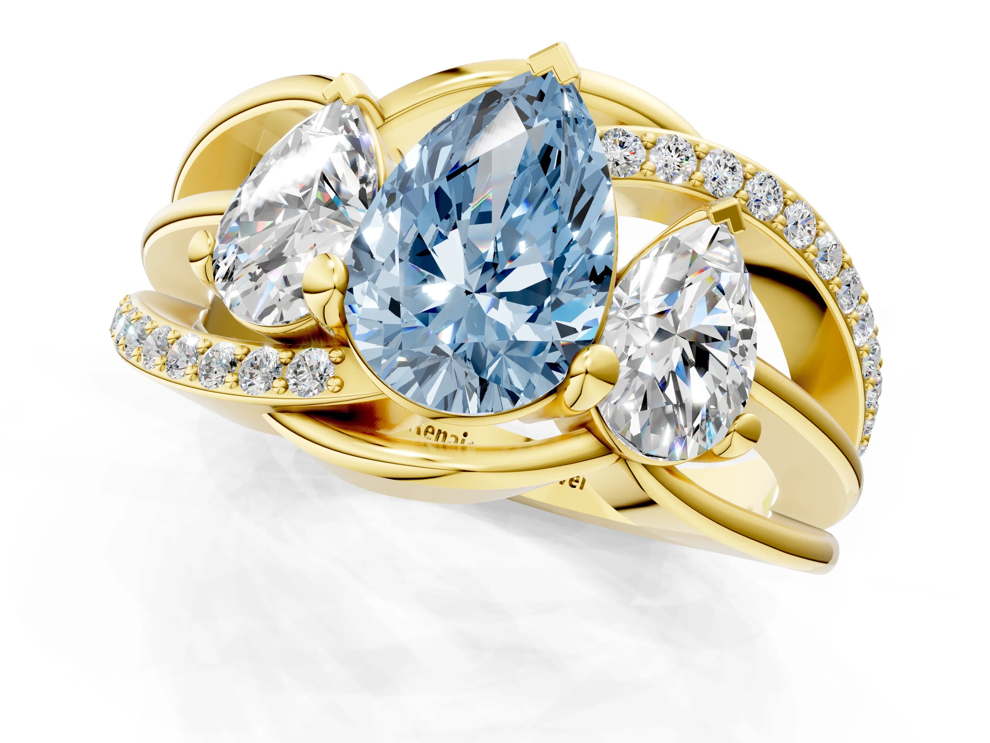 Yellow gold Three-Stone Fancy Blue Pear Cut Cut Diamond Split Shank Prong Set Ring_1