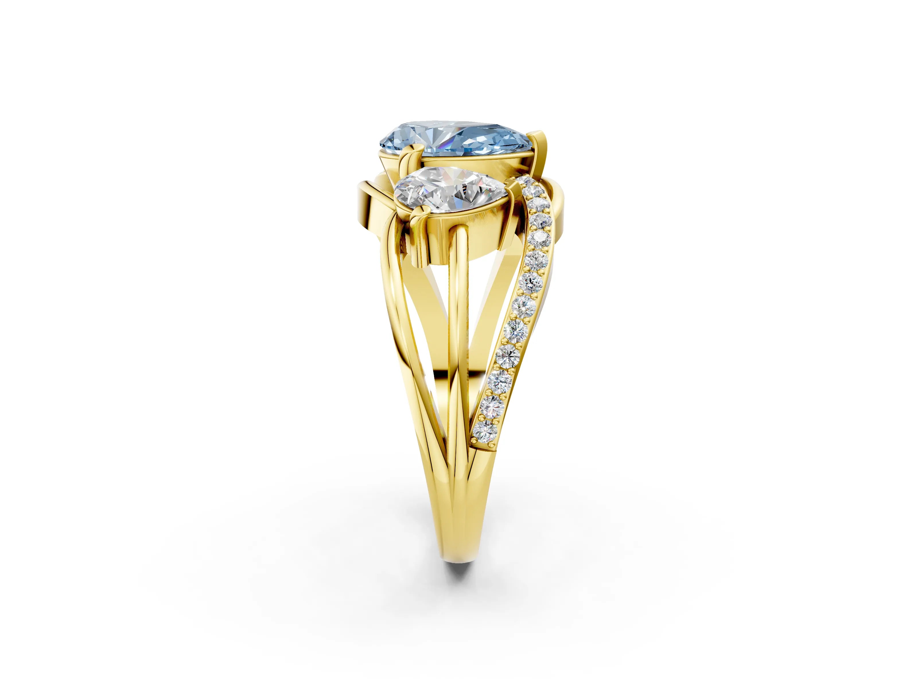 Yellow gold Three-Stone Fancy Blue Pear Cut Cut Diamond Split Shank Prong Set Ring_2
