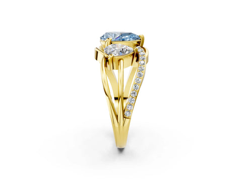 Yellow gold Three-Stone Fancy Blue Pear Cut Cut Diamond Split Shank Prong Set Ring_2