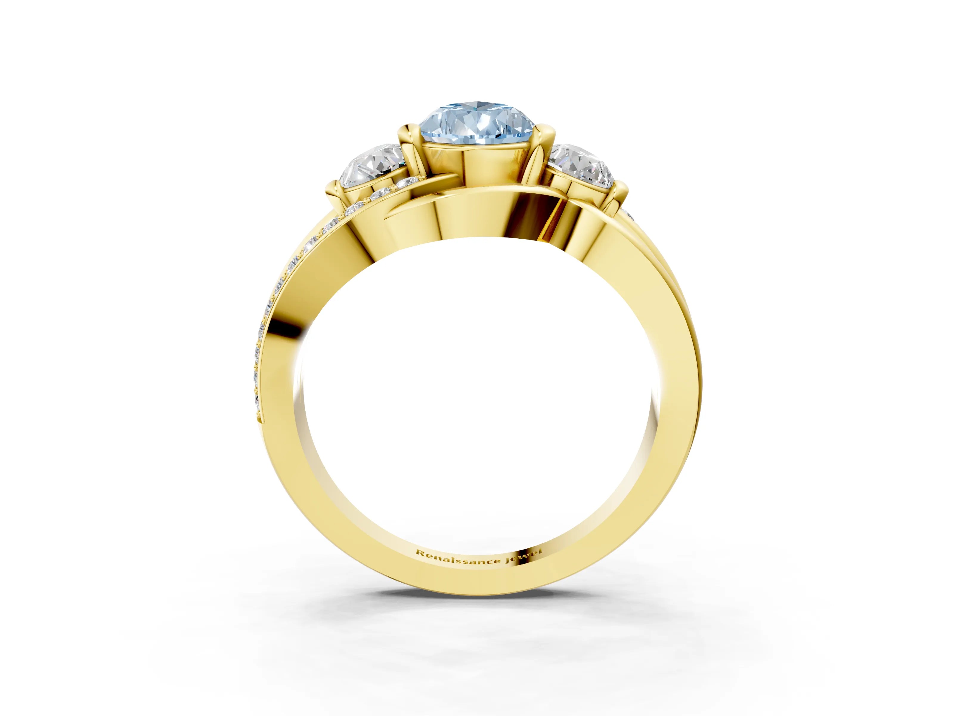 Yellow gold Three-Stone Fancy Blue Pear Cut Cut Diamond Split Shank Prong Set Ring_3