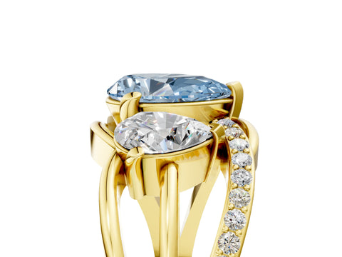 Yellow gold Three-Stone Fancy Blue Pear Cut Cut Diamond Split Shank Prong Set Ring_5