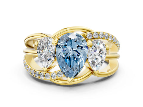 Yellow gold Three-Stone Fancy Blue Pear Cut Cut Diamond Split Shank Prong Set Ring