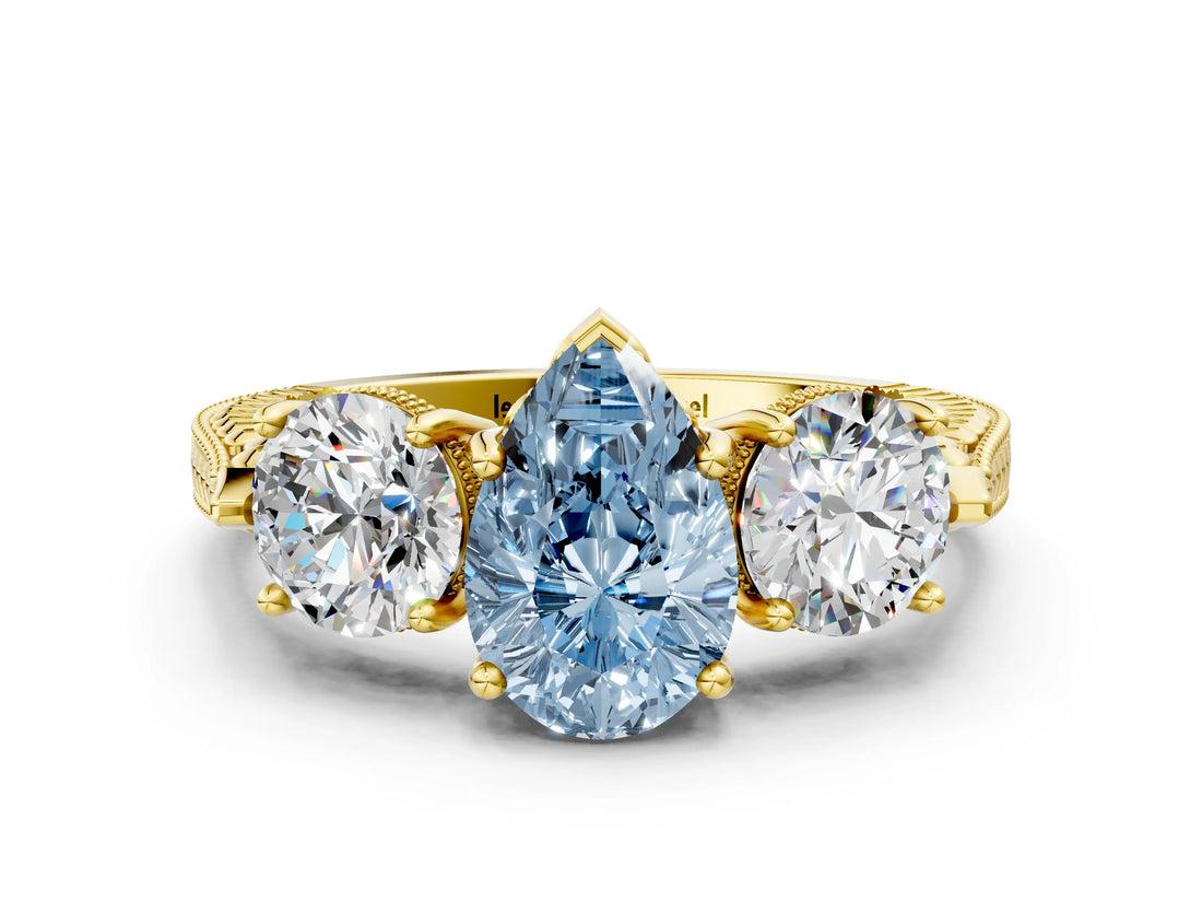 Yellow gold Three-Stone Fancy Blue Pear Cut Cut Milgrain Band Prong Setting Ring