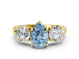 Yellow gold Three-Stone Fancy Blue Pear Cut Cut Milgrain Band Prong Setting Ring