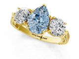 Yellow gold Three-Stone Fancy Blue Pear Cut Cut Milgrain Band Prong Setting Ring_1