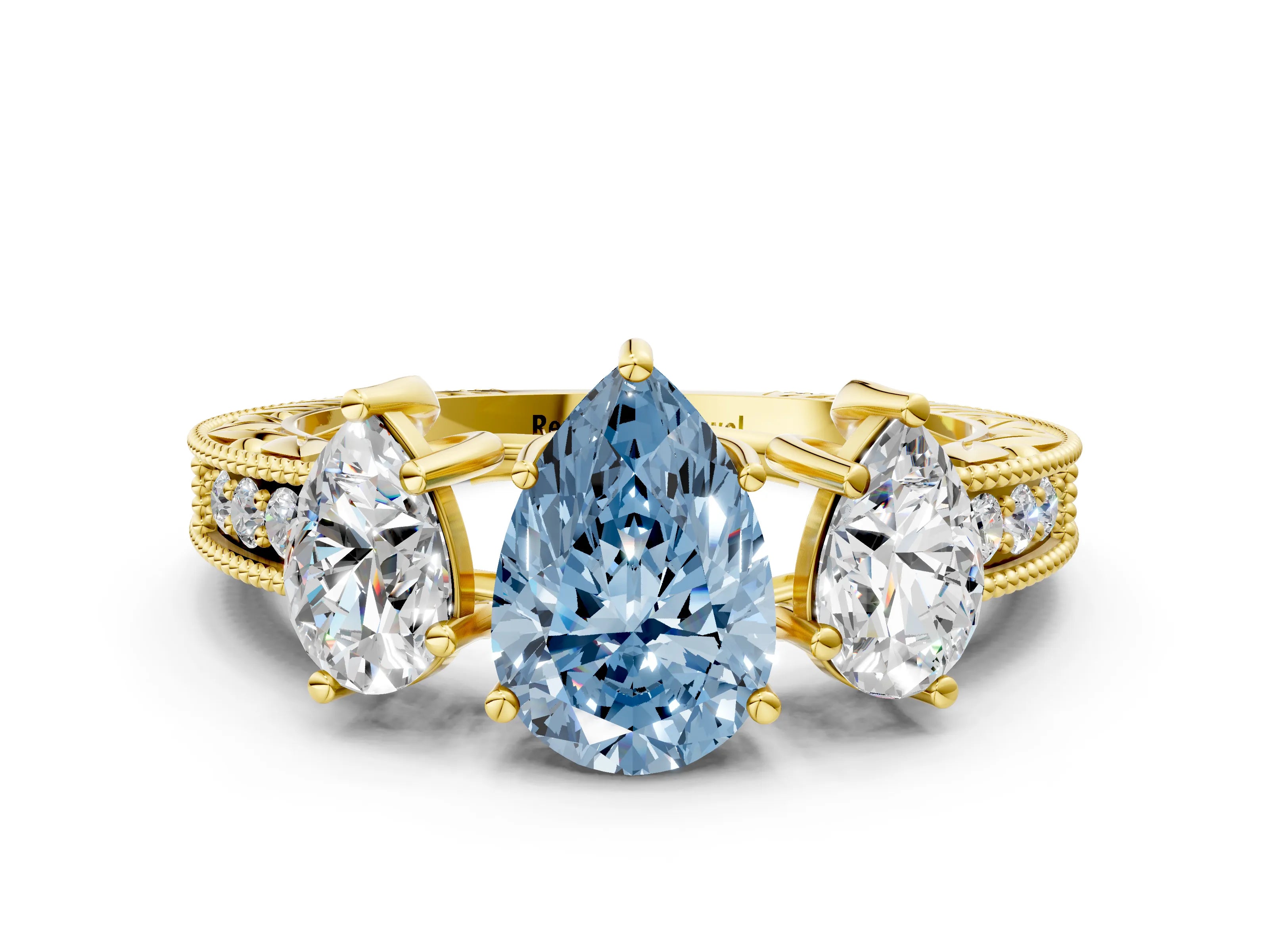 Yellow gold Three-Stone Fancy Blue Pear Cut Cut Milgrain Pavé Engagement Ring