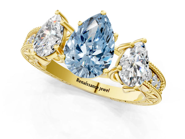 Yellow gold Three-Stone Fancy Blue Pear Cut Cut Milgrain Pavé Engagement Ring