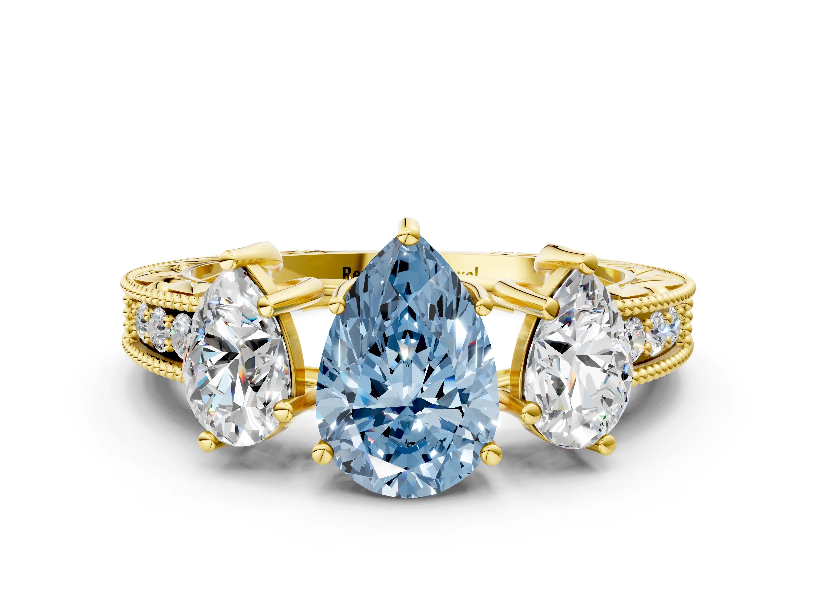 Yellow gold Three-Stone Fancy Blue Pear Cut Cut Milgrain Pavé Engagement Ring_12