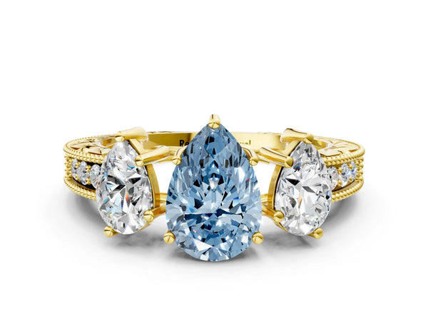 Yellow Gold Pear-Shaped Engraved Three Stone Engagement Ring Setting for Fancy Blue Center