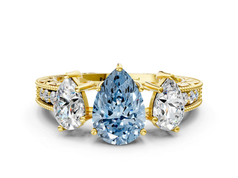 Yellow gold Three-Stone Fancy Blue Pear Cut Cut Milgrain Pavé Engagement Ring_12