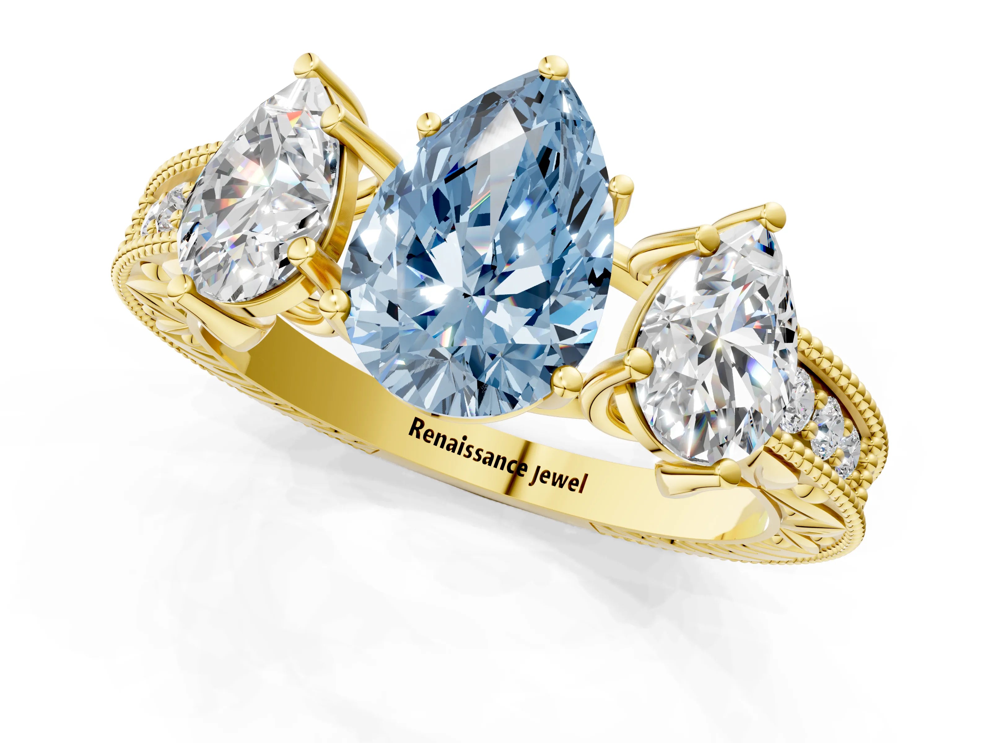 Yellow gold Three-Stone Fancy Blue Pear Cut Cut Milgrain Pavé Engagement Ring_13