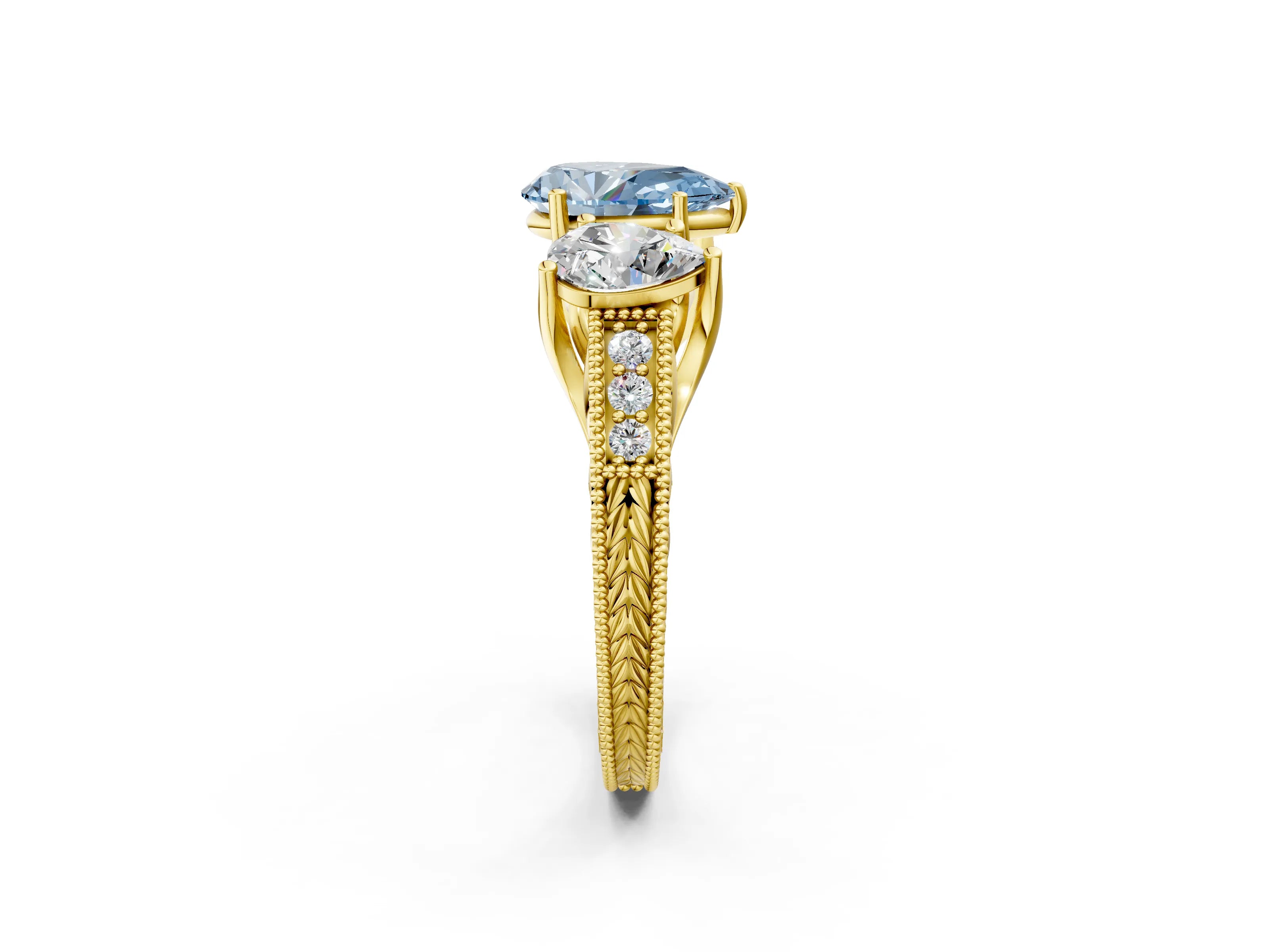Yellow gold Three-Stone Fancy Blue Pear Cut Cut Milgrain Pavé Engagement Ring_14