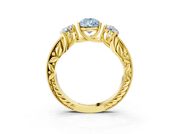 Yellow Gold Pear-Shaped Engraved Three Stone Engagement Ring Setting for Fancy Blue Center