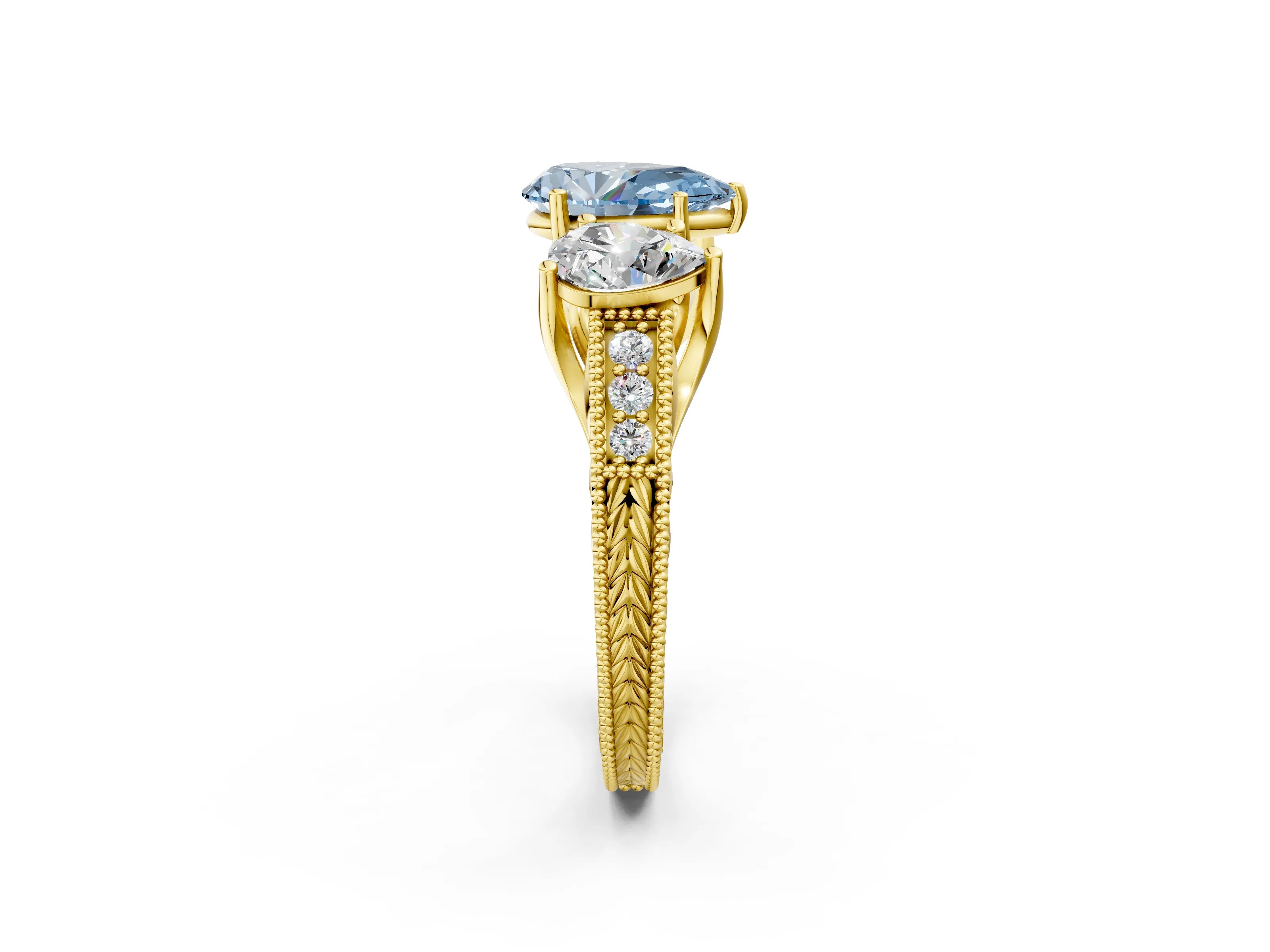 Yellow gold Three-Stone Fancy Blue Pear Cut Cut Milgrain Pavé Engagement Ring_2