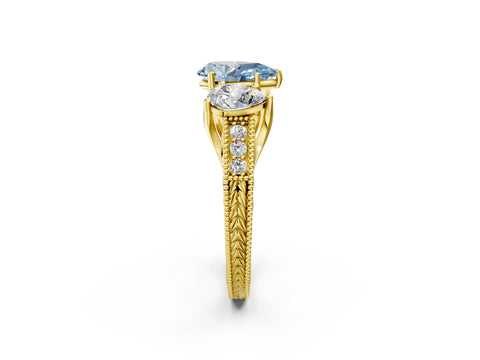 Yellow gold Three-Stone Fancy Blue Pear Cut Cut Milgrain Pavé Engagement Ring_2