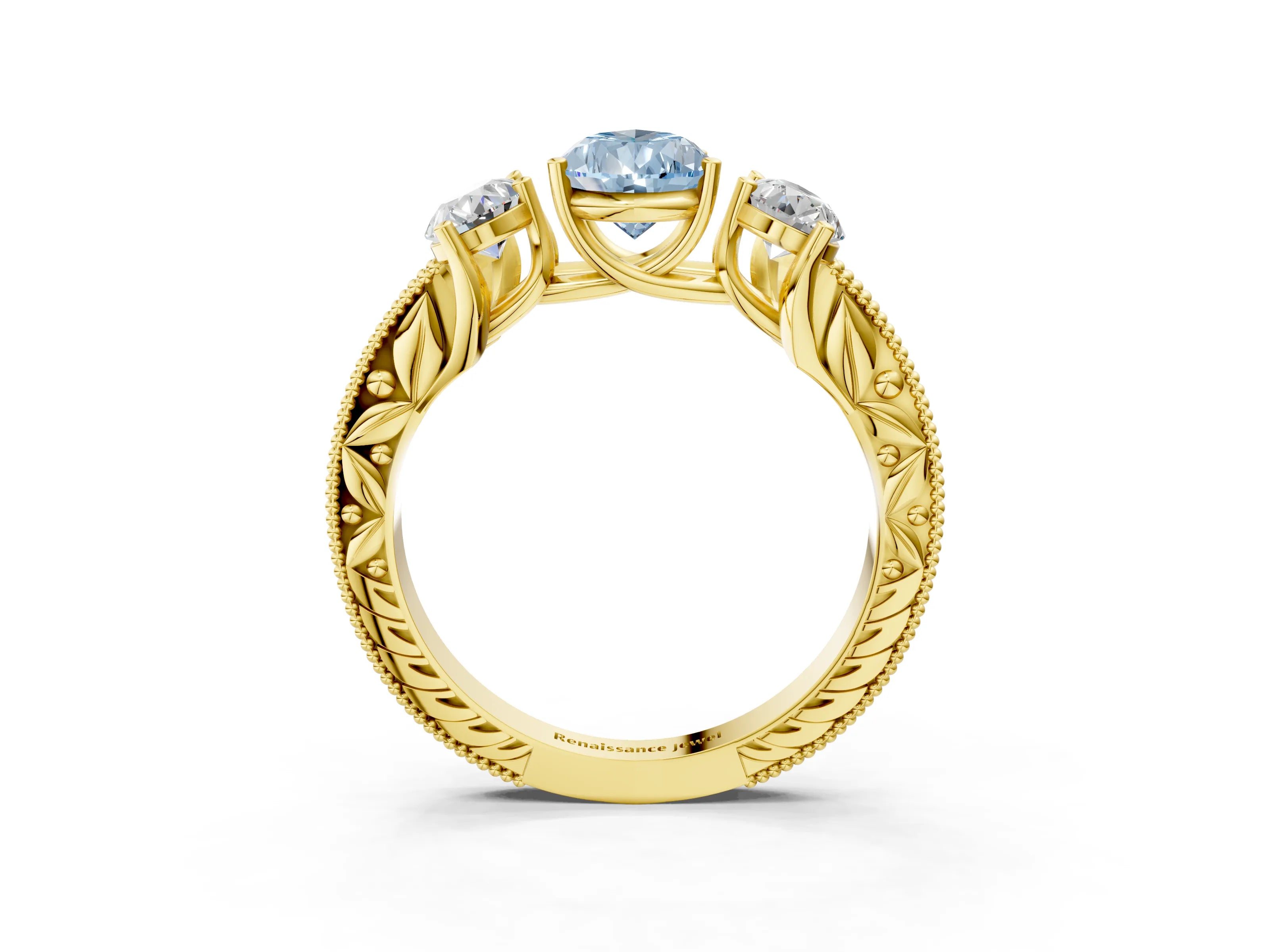Yellow gold Three-Stone Fancy Blue Pear Cut Cut Milgrain Pavé Engagement Ring_3