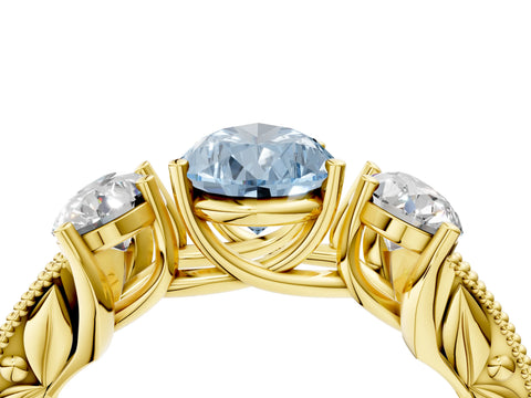 Yellow gold Three-Stone Fancy Blue Pear Cut Cut Milgrain Pavé Engagement Ring_4