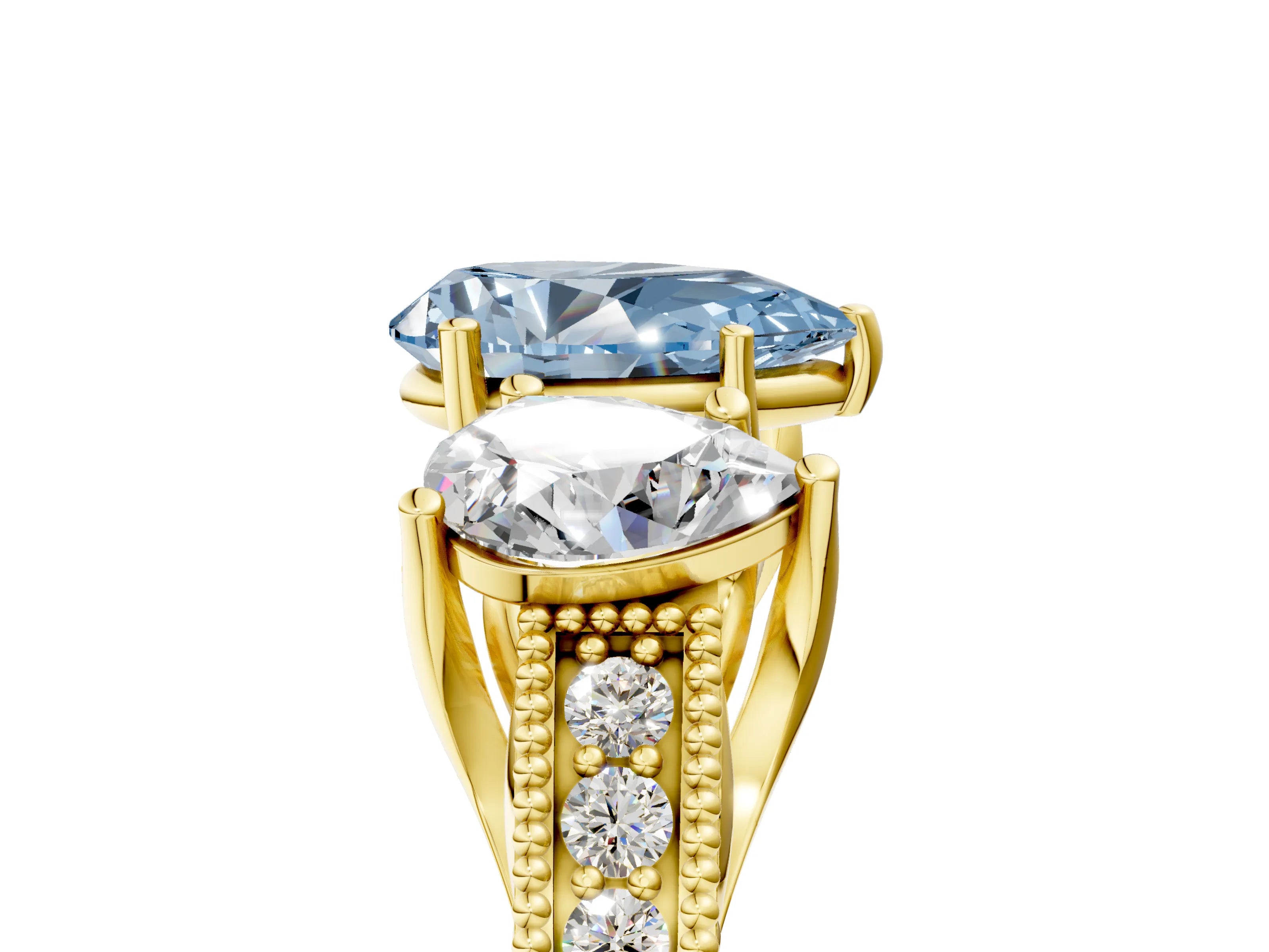 Yellow gold Three-Stone Fancy Blue Pear Cut Cut Milgrain Pavé Engagement Ring_5