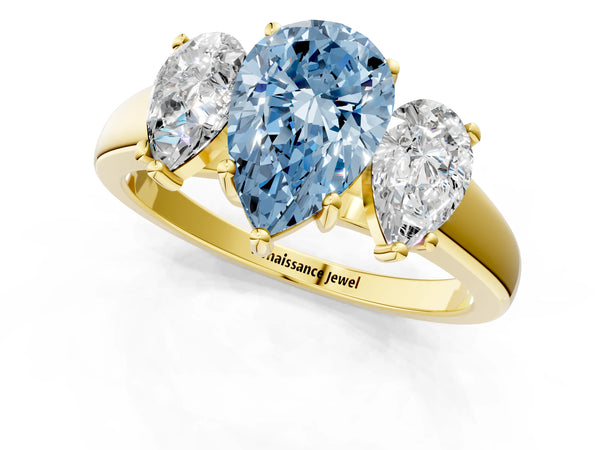 Yellow gold Three-Stone Fancy Blue Pear Cut Cut Solitaire Ring with Classic Prong Setting