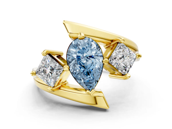 Yellow gold Three-Stone Fancy Blue Pear Cut Cut Tension Band Ring with Four-Prong Setting