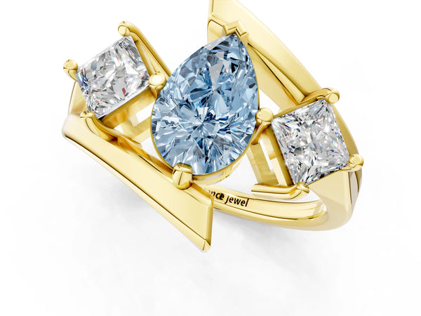 Yellow gold Three-Stone Fancy Blue Pear Cut Cut Tension Band Ring with Four-Prong Setting