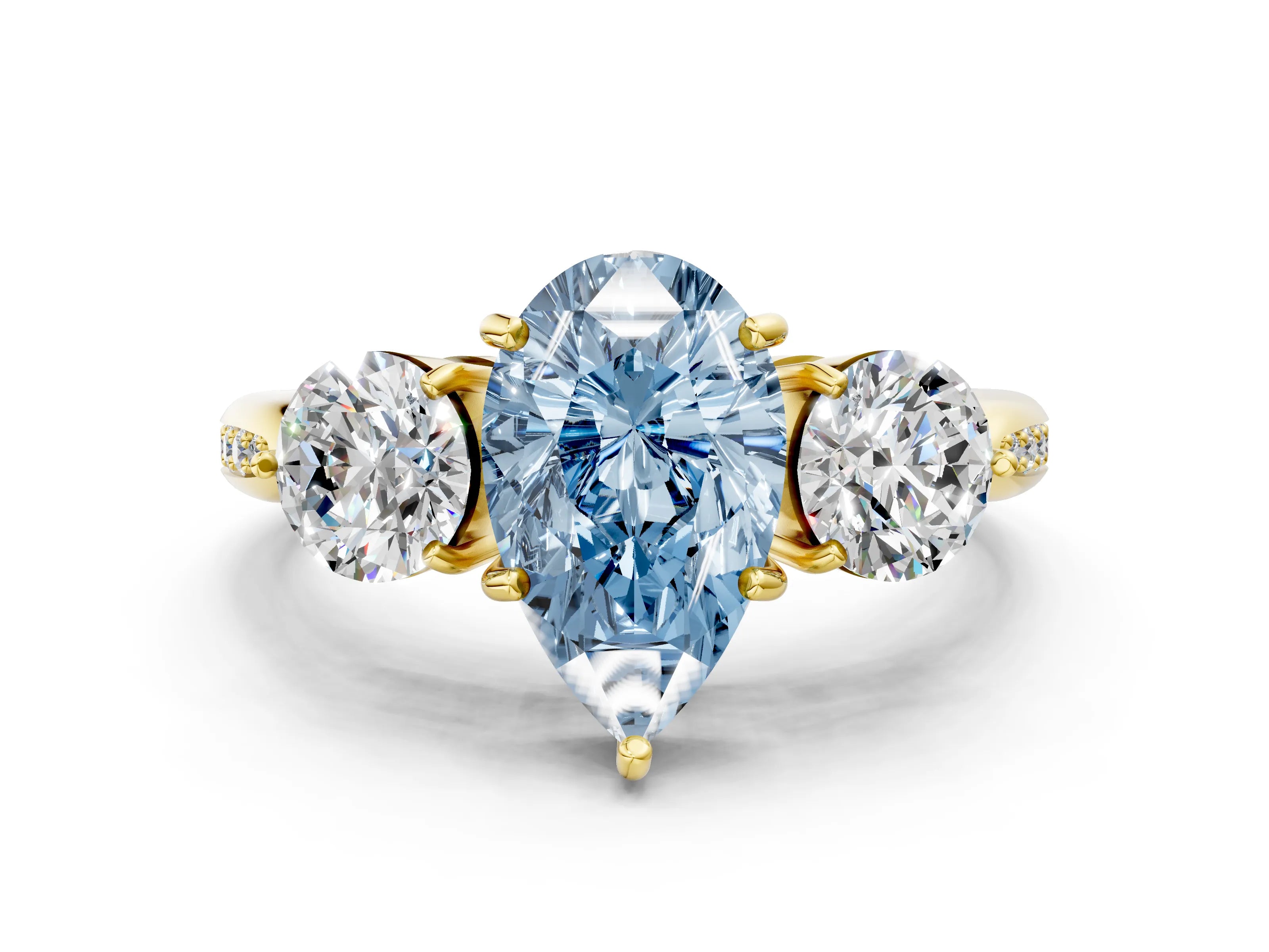 Yellow gold Three-Stone Fancy Blue Pear Cut Diamond Channel Set Engagement Ring with Prong Setting