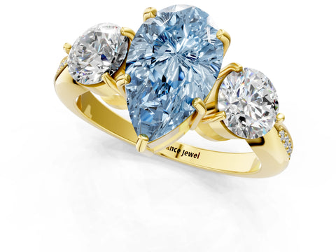 Yellow gold Three-Stone Fancy Blue Pear Cut Diamond Channel Set Engagement Ring with Prong Setting_1