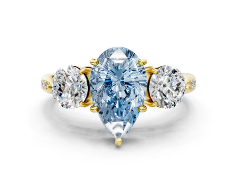 Yellow gold Three-Stone Fancy Blue Pear Cut Diamond Channel Set Engagement Ring with Prong Setting