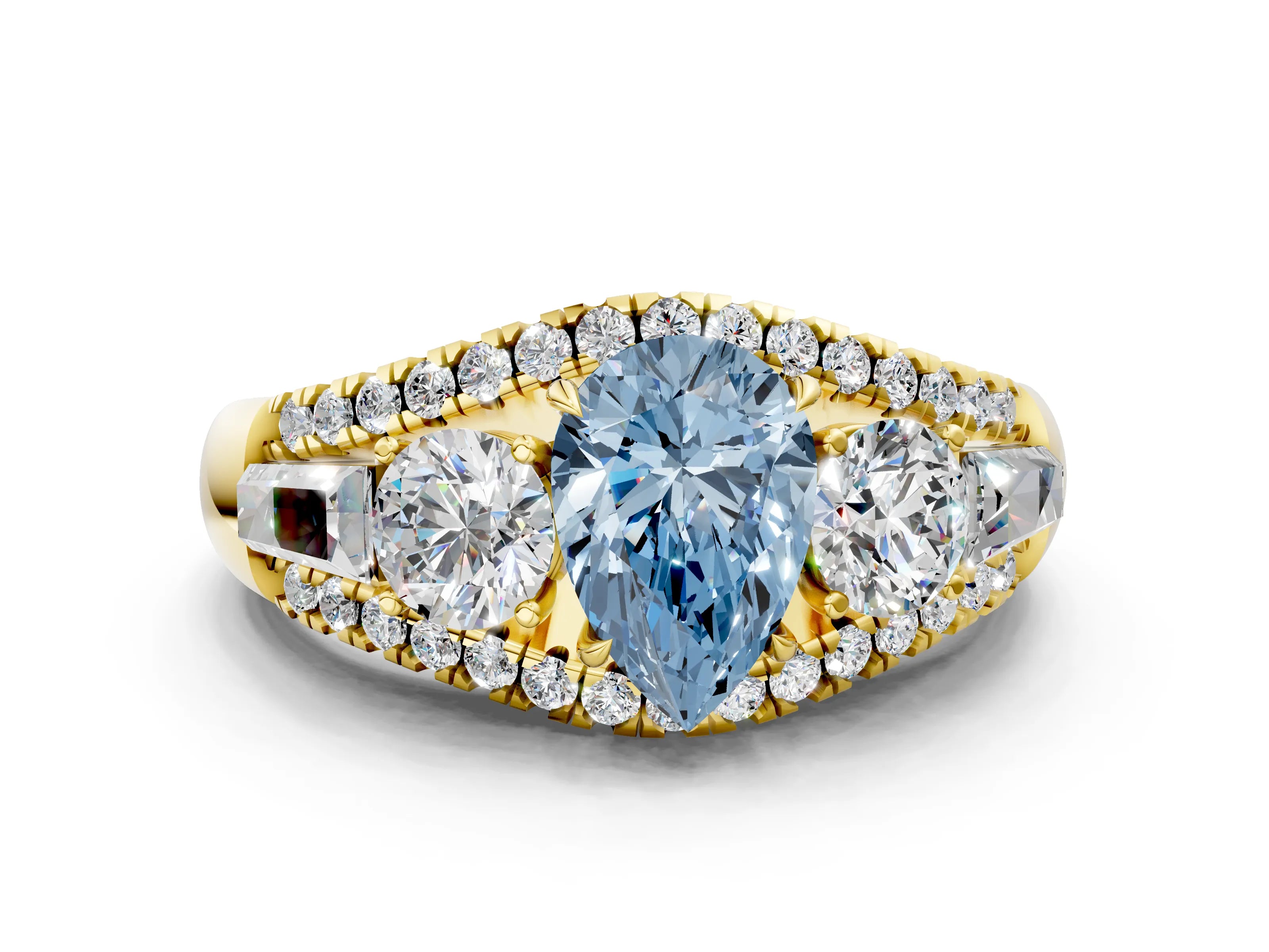 Yellow gold Three-Stone Fancy Blue Pear Cut Diamond Engagement Ring with Pave Band and Prong Setting