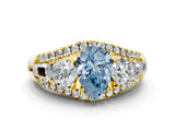 Yellow gold Three-Stone Fancy Blue Pear Cut Diamond Engagement Ring with Pave Band and Prong Setting