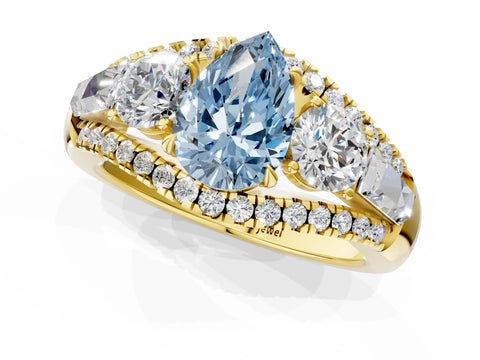 Yellow gold Three-Stone Fancy Blue Pear Cut Diamond Engagement Ring with Pave Band and Prong Setting_1
