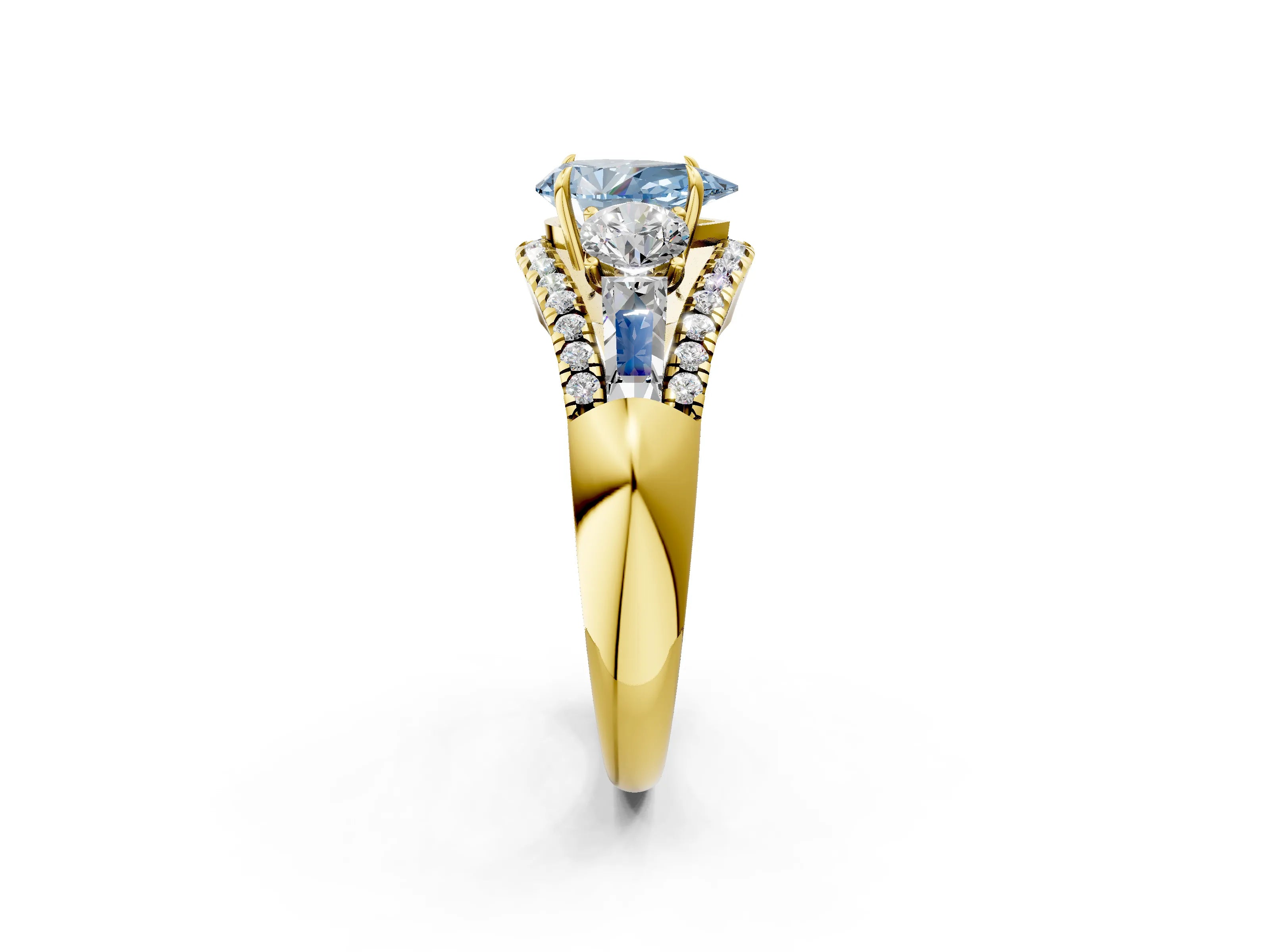 Yellow gold Three-Stone Fancy Blue Pear Cut Diamond Engagement Ring with Pave Band and Prong Setting_2