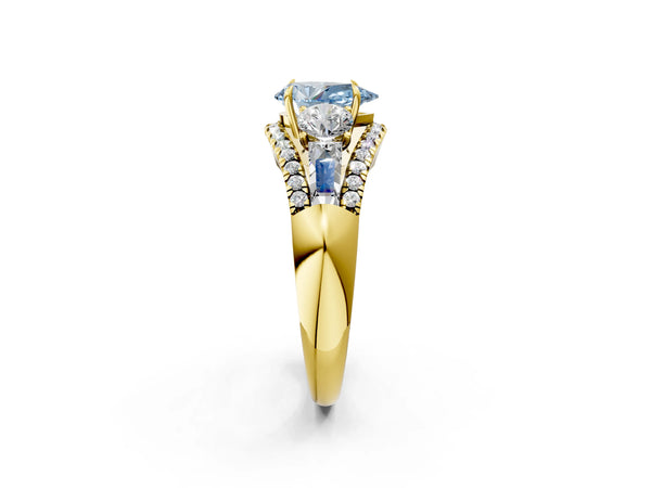 Yellow Gold Pear-Shaped Five Stone Baguette Engagement Ring Setting for Fancy Blue Center